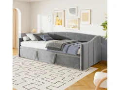 Cama de rodízio 90/180x200 cm - sofá-cama estofado - cama extensível com estrados de ripas - cama multifuncional em tecido de veludo amigo da pele - Cinza