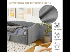 Cama de rodízio 90/180x200 cm - sofá-cama estofado - cama extensível com estrados de ripas - cama multifuncional em tecido de veludo amigo da pele - Cinza