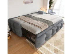 Cama de rodízio 90/180x190 cm em veludo - com base de ripas - Cinza