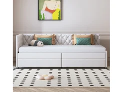 Cama de rodízio 90x200cm - Sofá-cama estofado, tecido linho, com estrado de ripas, sem colchão - Bege