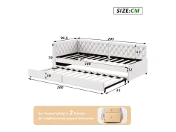 Cama de rodízio 90x200cm - Sofá-cama estofado, tecido linho, com estrado de ripas, sem colchão - Bege