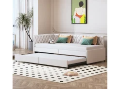 Cama de rodízio 90x200cm - Sofá-cama estofado, tecido linho, com estrado de ripas, sem colchão - Bege