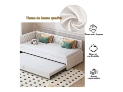 Cama de rodízio 90x200cm - Sofá-cama estofado, tecido linho, com estrado de ripas, sem colchão - Bege