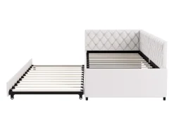 Cama de rodízio 90x200cm - Sofá-cama estofado, tecido linho, com estrado de ripas, sem colchão - Bege