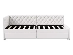 Cama de rodízio 90x200cm - Sofá-cama estofado, tecido linho, com estrado de ripas, sem colchão - Bege
