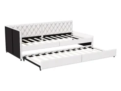 Cama de rodízio 90x200cm - Sofá-cama estofado, tecido linho, com estrado de ripas, sem colchão - Bege