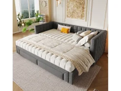 Cama de rodízio 90/180x200cm em veludo - com encosto almofadado e 2 gavetas - Cinza