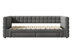 Cama de rodízio 90/180x200cm em veludo - com encosto almofadado e 2 gavetas - Cinza