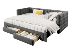 Cama de rodízio 90/180x200cm em veludo - com encosto almofadado e 2 gavetas - Cinza