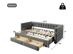 Cama de rodízio 90/180x200cm em veludo - com encosto almofadado e 2 gavetas - Cinza