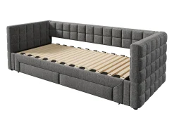 Cama de rodízio 90/180x200cm em veludo - com encosto almofadado e 2 gavetas - Cinza