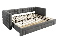Cama de rodízio 90/180x200cm em veludo - com encosto almofadado e 2 gavetas - Cinza