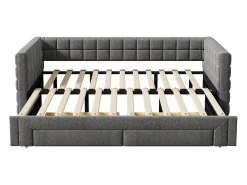 Cama de rodízio 90/180x200cm em veludo - com encosto almofadado e 2 gavetas - Cinza
