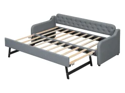 Cama de rodízio 90/180x200cm, sofá-cama extensível, chaise longue com entrada USB, sem colchão, cinzento