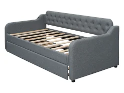 Cama de rodízio 90/180x200cm, sofá-cama extensível, chaise longue com entrada USB, sem colchão, cinzento
