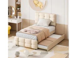 Cama de rodízio 90x200cm+90x190cm, Cama infantil estofada, cama extensível em linho com estrado de ripas, cabeceira ajustável, bege