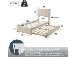 Cama de rodízio 90x200cm+90x190cm, Cama infantil estofada, cama extensível em linho com estrado de ripas, cabeceira ajustável, bege