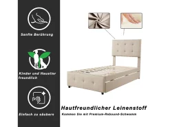 Cama de rodízio 90x200cm+90x190cm, Cama infantil estofada, cama extensível em linho com estrado de ripas, cabeceira ajustável, bege