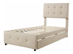 Cama de rodízio 90x200cm+90x190cm, Cama infantil estofada, cama extensível em linho com estrado de ripas, cabeceira ajustável, bege