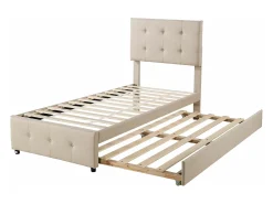 Cama de rodízio 90x200cm+90x190cm, Cama infantil estofada, cama extensível em linho com estrado de ripas, cabeceira ajustável, bege
