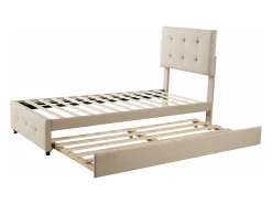 Cama de rodízio 90x200cm+90x190cm, Cama infantil estofada, cama extensível em linho com estrado de ripas, cabeceira ajustável, bege
