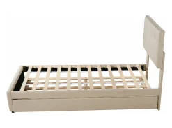 Cama de rodízio 90x200cm+90x190cm, Cama infantil estofada, cama extensível em linho com estrado de ripas, cabeceira ajustável, bege