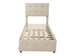 Cama de rodízio 90x200cm+90x190cm, Cama infantil estofada, cama extensível em linho com estrado de ripas, cabeceira ajustável, bege