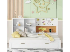 Cama de rodízio 90x200cm+90x190cm, sofá-cama com cabeceira de arrumação e porta de carregamento USB, branco