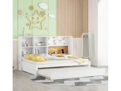 Cama de rodízio 90x200cm+90x190cm, sofá-cama com cabeceira de arrumação e porta de carregamento USB, branco
