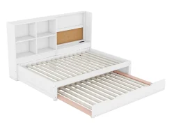 Cama de rodízio 90x200cm+90x190cm, sofá-cama com cabeceira de arrumação e porta de carregamento USB, branco