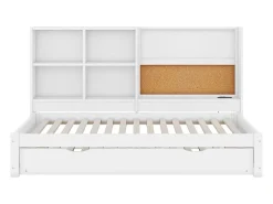 Cama de rodízio 90x200cm+90x190cm, sofá-cama com cabeceira de arrumação e porta de carregamento USB, branco