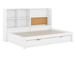 Cama de rodízio 90x200cm+90x190cm, sofá-cama com cabeceira de arrumação e porta de carregamento USB, branco