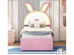 Cama de rodízio 90x200+90x190cm, cama infantil forrada a tecido veludo, com gaveta de arrumação, cabeceira LED com orelhas de coelho, cor-de-rosa