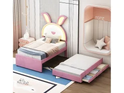 Cama de rodízio 90x200+90x190cm, cama infantil forrada a tecido veludo, com gaveta de arrumação, cabeceira LED com orelhas de coelho, cor-de-rosa