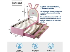 Cama de rodízio 90x200+90x190cm, cama infantil forrada a tecido veludo, com gaveta de arrumação, cabeceira LED com orelhas de coelho, cor-de-rosa