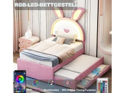 Cama de rodízio 90x200+90x190cm, cama infantil forrada a tecido veludo, com gaveta de arrumação, cabeceira LED com orelhas de coelho, cor-de-rosa