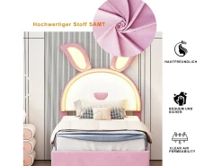 Cama de rodízio 90x200+90x190cm, cama infantil forrada a tecido veludo, com gaveta de arrumação, cabeceira LED com orelhas de coelho, cor-de-rosa