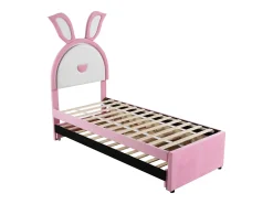 Cama de rodízio 90x200+90x190cm, cama infantil forrada a tecido veludo, com gaveta de arrumação, cabeceira LED com orelhas de coelho, cor-de-rosa