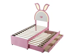 Cama de rodízio 90x200+90x190cm, cama infantil forrada a tecido veludo, com gaveta de arrumação, cabeceira LED com orelhas de coelho, cor-de-rosa