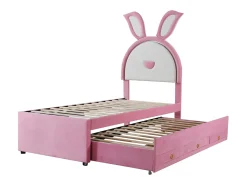 Cama de rodízio 90x200+90x190cm, cama infantil forrada a tecido veludo, com gaveta de arrumação, cabeceira LED com orelhas de coelho, cor-de-rosa