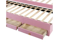 Cama de rodízio 90x200+90x190cm, cama infantil forrada a tecido veludo, com gaveta de arrumação, cabeceira LED com orelhas de coelho, cor-de-rosa