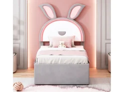 Cama de rodízio 90x200+90x190cm, cama infantil forrada a tecido veludo, com gaveta de arrumação, cabeceira LED com orelhas de coelho, cinzento