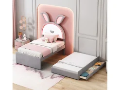 Cama de rodízio 90x200+90x190cm, cama infantil forrada a tecido veludo, com gaveta de arrumação, cabeceira LED com orelhas de coelho, cinzento