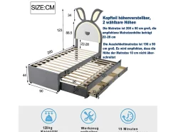 Cama de rodízio 90x200+90x190cm, cama infantil forrada a tecido veludo, com gaveta de arrumação, cabeceira LED com orelhas de coelho, cinzento