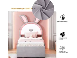Cama de rodízio 90x200+90x190cm, cama infantil forrada a tecido veludo, com gaveta de arrumação, cabeceira LED com orelhas de coelho, cinzento