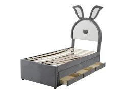 Cama de rodízio 90x200+90x190cm, cama infantil forrada a tecido veludo, com gaveta de arrumação, cabeceira LED com orelhas de coelho, cinzento