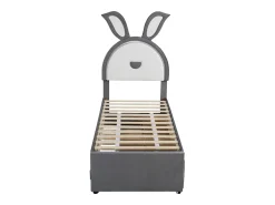 Cama de rodízio 90x200+90x190cm, cama infantil forrada a tecido veludo, com gaveta de arrumação, cabeceira LED com orelhas de coelho, cinzento