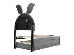 Cama de rodízio 90x200+90x190cm, cama infantil forrada a tecido veludo, com gaveta de arrumação, cabeceira LED com orelhas de coelho, cinzento