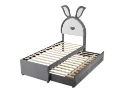 Cama de rodízio 90x200+90x190cm, cama infantil forrada a tecido veludo, com gaveta de arrumação, cabeceira LED com orelhas de coelho, cinzento