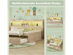 Cama de solteiro 140 x 200 cm + 90 x 190 cm com compartimentos e tomadas USB - LEDs - Aglomerado + MDF - Natural (sem colchão)